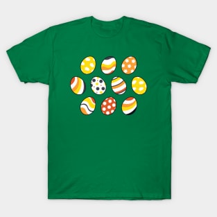 Egg Pattern | Yellow Orange Gray | Stripes Clouds Flowers Dots | Green T-Shirt